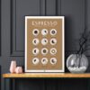 Affiche des cafés espresso et cafés italiens, avec leurs recettes, poster graphique, sur fond noir