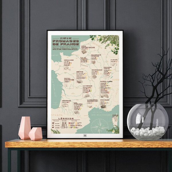 Affiche carte des fromages de france, affiche vintage, sur fond noir