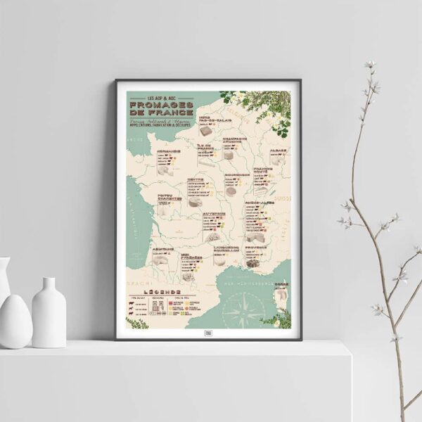 Affiche carte des fromages de france, affiche vintage, sur fond clair