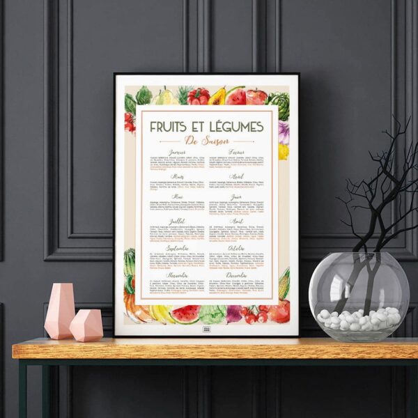 Affiche cuisine, calendrier des fruits et légumes de saison, affiche minimaliste sur fond noir