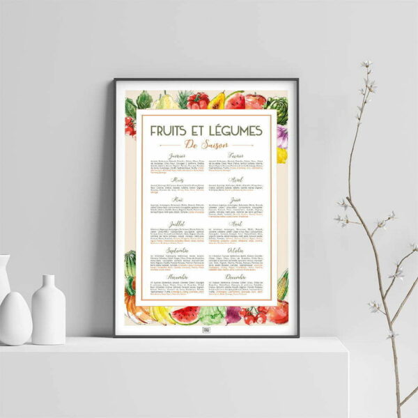Affiche cuisine, calendrier des fruits et légumes de saison, affiche minimaliste sur fond clair