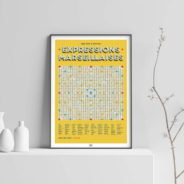 Affiche les expressions marseillaises en mots mêlés, affiche vintage marseille sur fond clair