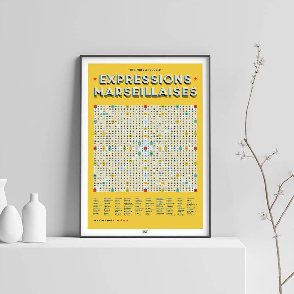 Affiche les expressions marseillaises en mots mêlés, affiche vintage marseille sur fond clair