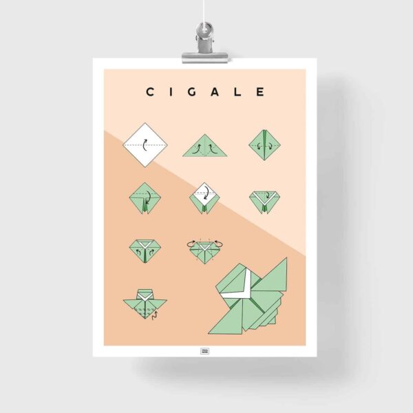 Affiche origami cigale, poster minimaliste géométrique, origami facile