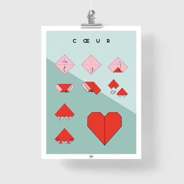 Affiche origami coeur, poster minimaliste géométrique, origami facile