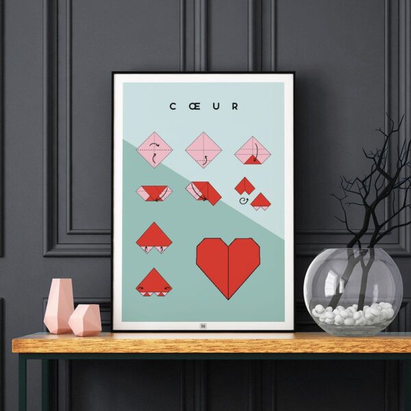 Affiche origami coeur, poster minimaliste géométrique, origami facile, sur fond foncé