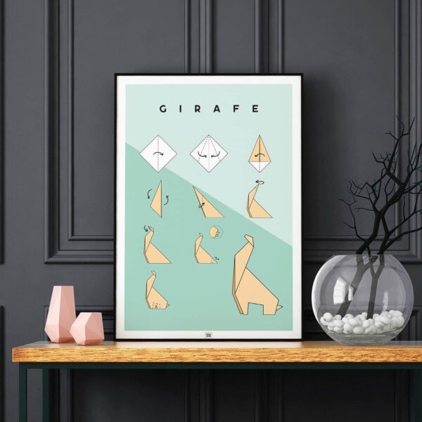 Affiche origami girafe, poster minimaliste géométrique, origami facile, sur fond noir
