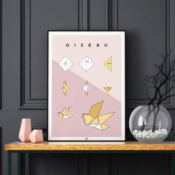 Affiche origami oiseau, poster minimaliste géométrique, origami facile, sur fond noir
