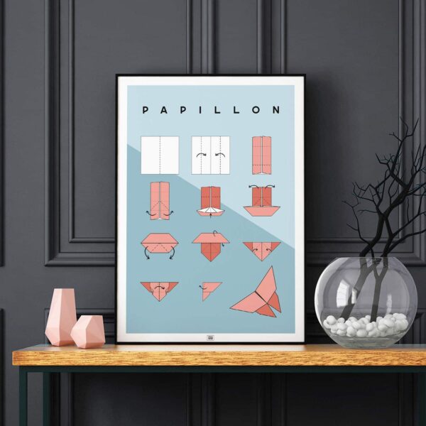 Affiche origami papillon, poster minimaliste géométrique, sur fond noir