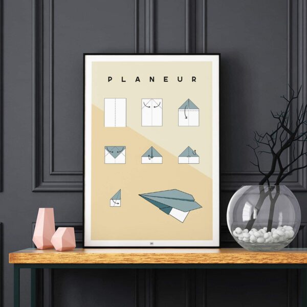 Affiche origami avion, poster minimaliste géométrique, origami facile, fond noir