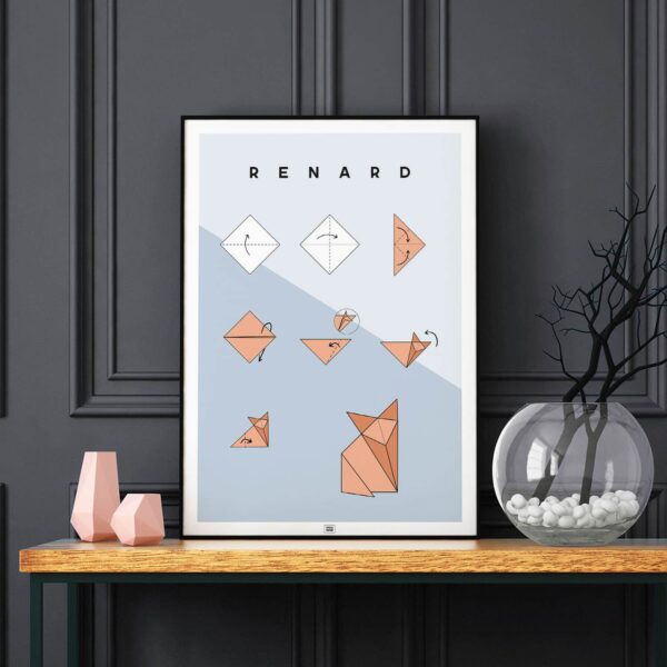 Affiche origami renard, poster minimaliste géométrique, sur fond noir