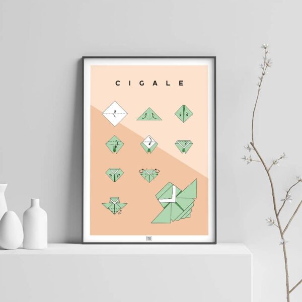 Affiche origami cigale, poster minimaliste géométrique, origami facile, sur fond clair