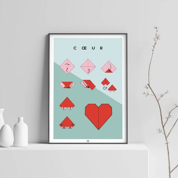 Affiche origami coeur, poster minimaliste géométrique, origami facile, sur fond clair