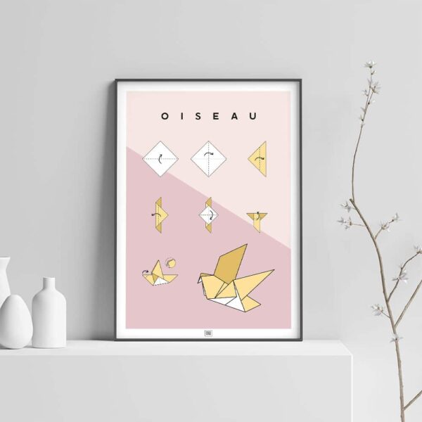 Affiche origami oiseau, poster minimaliste géométrique, origami facile, sur fond clair