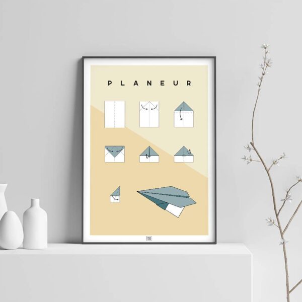 Affiche origami avion, poster minimaliste géométrique, origami facile, fond clair