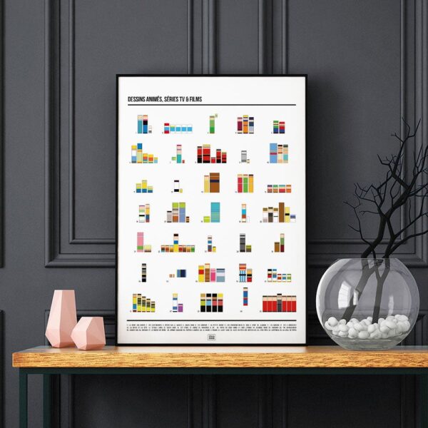 Affiche séries TV, films et dessins animés en pixel art sur fond noir