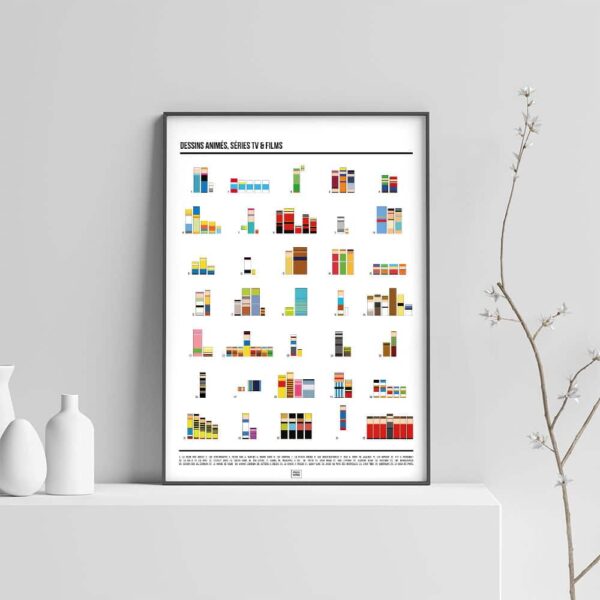 Affiche séries TV, films et dessins animés en pixel art sur fond clair