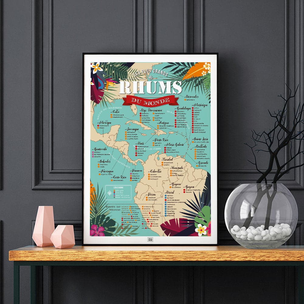 Affiche Rhum : Carte des 100 Meilleurs Rhums du Monde sur fond noir