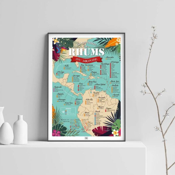 Affiche Rhum : Carte des 100 Meilleurs Rhums du Monde sur fond clair