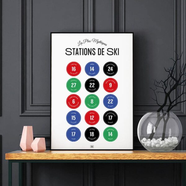 Affiche les stations de ski mythiques des Alpes et leurs pistes, sur fond noir