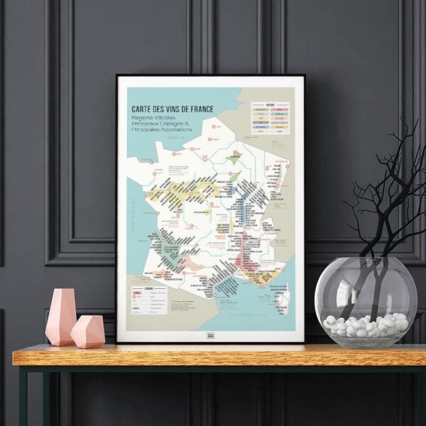 Carte des vins de France, affiche du vignoble français, régions viticoles et cépages, fond noir