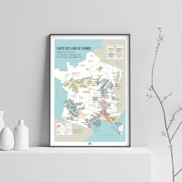 Carte des vins de France, affiche du vignoble français, régions viticoles et cépages, fond clair