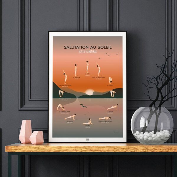 Affiche yoga la salutation au soleil, affiche minimaliste vintage, sur fond noir
