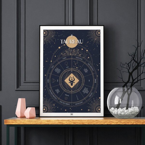 Affiche signe astrologique Taureau, poster vintage de signe du zodiaque, sur fond noir