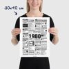 Affiche rétrospective année 1980 minimaliste en noir et blanc, présentant les films, tubes, tendances et événements marquants de 1980, idéale comme cadeau d’anniversaire nostalgique
