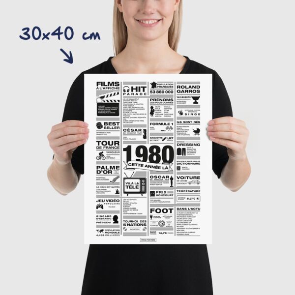 Affiche rétrospective année 1980 minimaliste en noir et blanc, présentant les films, tubes, tendances et événements marquants de 1980, idéale comme cadeau d’anniversaire nostalgique