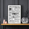 Affiche rétrospective année 1981 minimaliste en noir et blanc, présentant les films, tubes, tendances et événements marquants de 1981, idéale comme cadeau d’anniversaire nostalgique