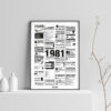 Affiche rétrospective année 1981 minimaliste en noir et blanc, présentant les films, tubes, tendances et événements marquants de 1981, idéale comme cadeau d’anniversaire nostalgique