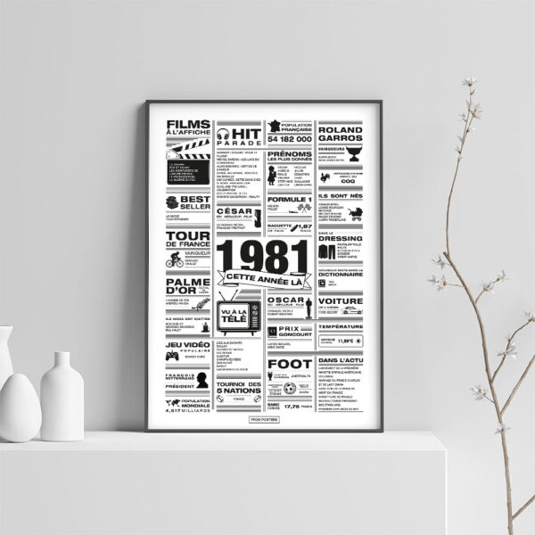 Affiche rétrospective année 1981 minimaliste en noir et blanc, présentant les films, tubes, tendances et événements marquants de 1981, idéale comme cadeau d’anniversaire nostalgique