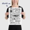 Affiche rétrospective année 1982 minimaliste en noir et blanc, présentant les films, tubes, tendances et événements marquants de 1982, idéale comme cadeau d’anniversaire nostalgique