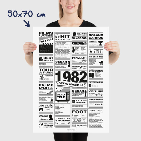 Affiche rétrospective année 1982 minimaliste en noir et blanc, présentant les films, tubes, tendances et événements marquants de 1982, idéale comme cadeau d’anniversaire nostalgique