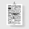 Affiche rétrospective année 1982 minimaliste en noir et blanc, présentant les films, tubes, tendances et événements marquants de 1982, idéale comme cadeau d’anniversaire nostalgique