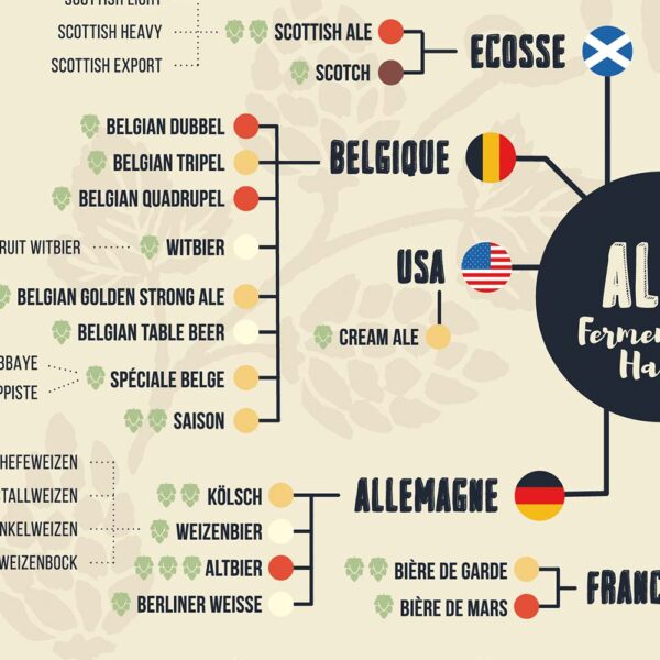 Affiche des bières du monde, poster des différents types de bières, zoom