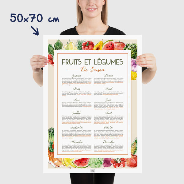 Affiche cuisine, calendrier des fruits et légumes de saison, affiche minimaliste dimensions 50x70cm