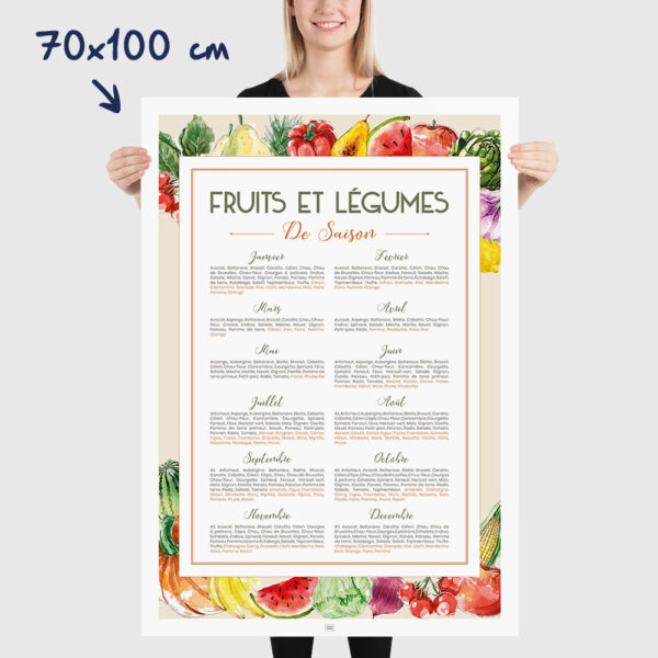 Affiche cuisine, calendrier des fruits et légumes de saison, affiche minimaliste dimensions 70x100cm