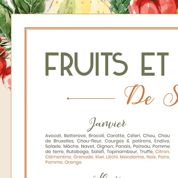 Affiche cuisine, calendrier des fruits et légumes de saison, affiche aquarelle, zoom