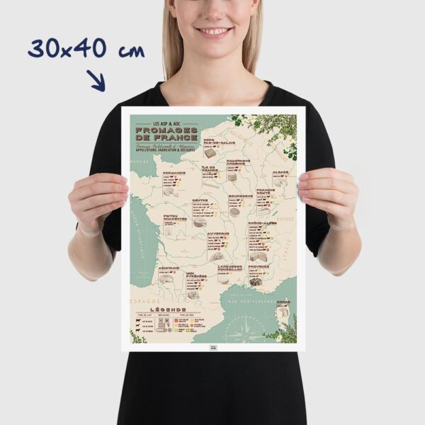 Affiche carte des fromages de france, affiche vintage, dimensions 30x40cm