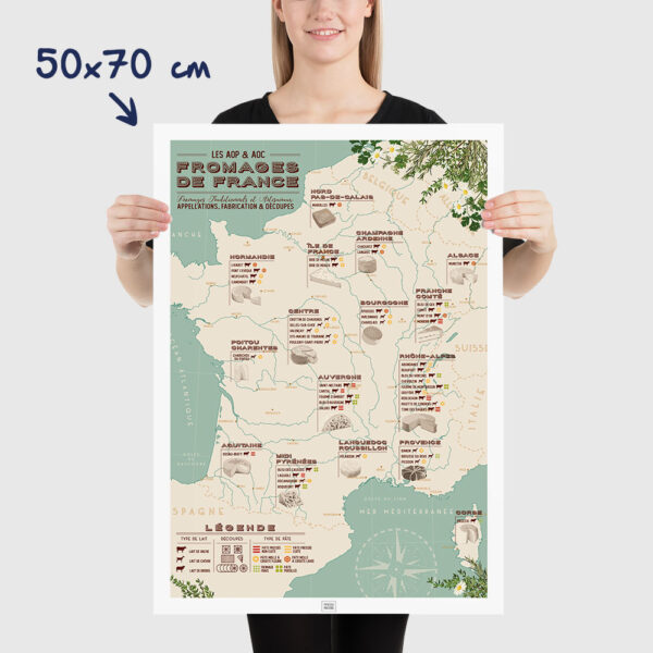 Affiche carte des fromages de france, affiche vintage, dimensions 50x70cm