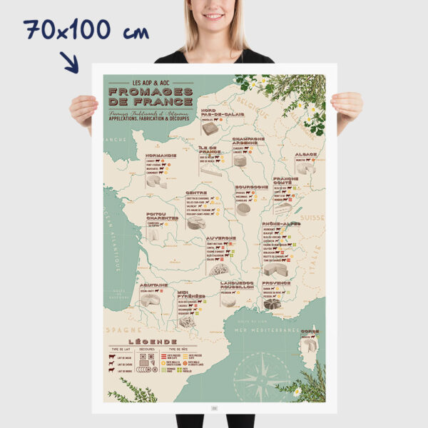 Affiche carte des fromages de france, affiche vintage, dimensions 70x100cm
