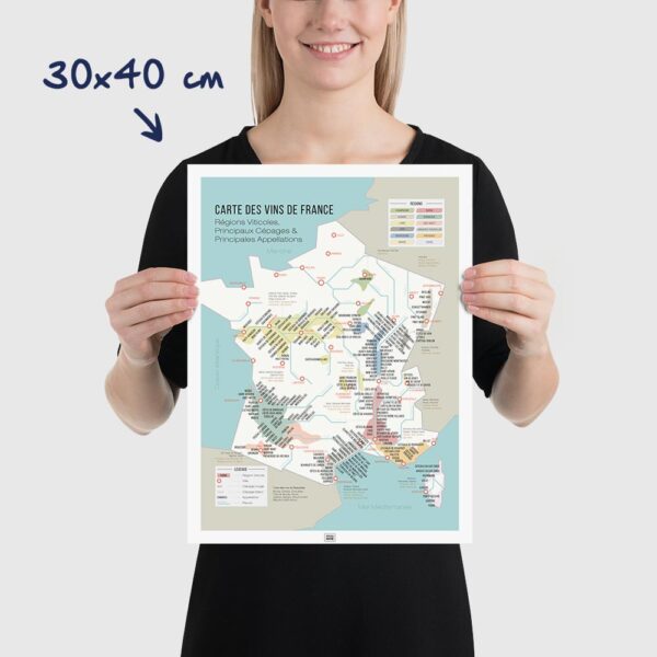 Carte des vins de France, affiche vignoble français régions viticoles, cépages, dimensions 30x40cm