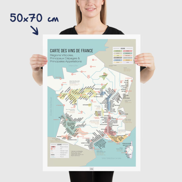 Carte des vins de France, affiche vignoble français régions viticoles, cépages, dimensions 50x70cm