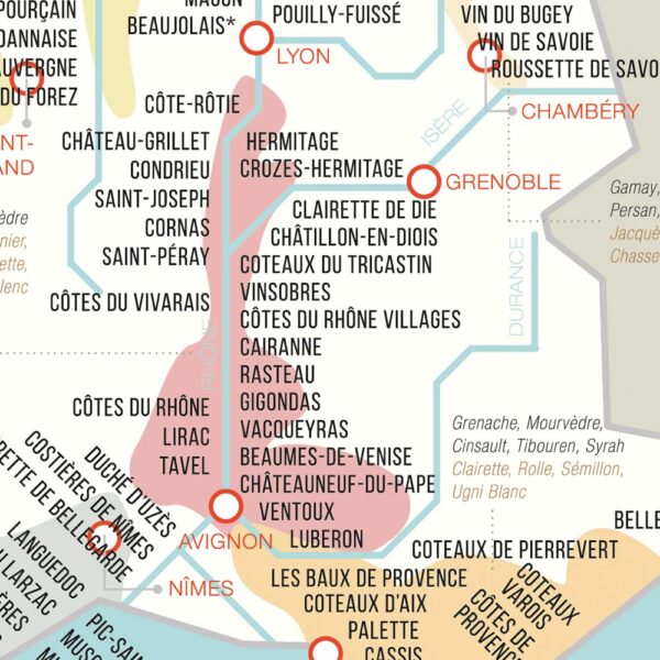 Carte des vins de France, affiche vignoble français régions viticoles, cépages, zoom