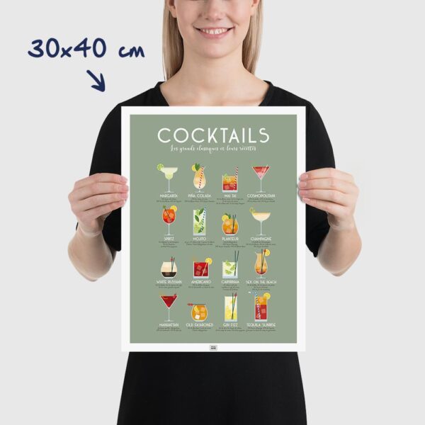 Affiche des cocktails : les meilleurs cocktails classiques et leurs recettes, dimensions 30x40cm