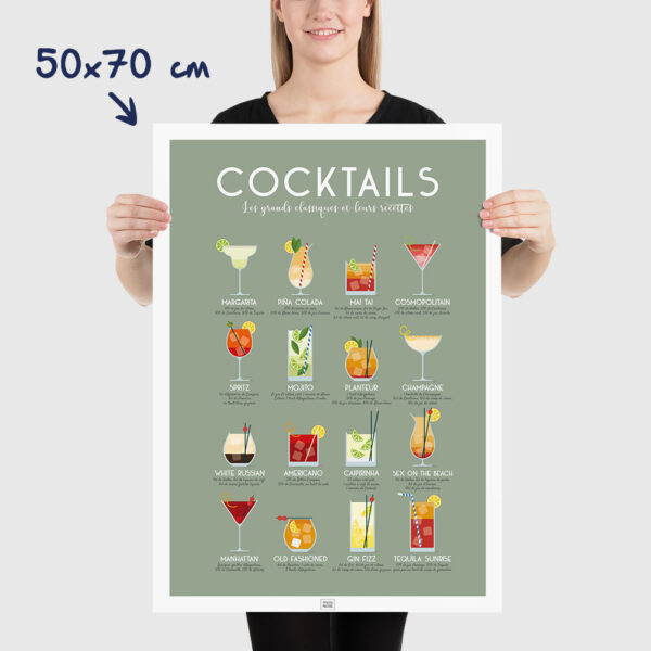 Affiche des cocktails : les meilleurs cocktails classiques et leurs recettes, dimensions 50x70cm