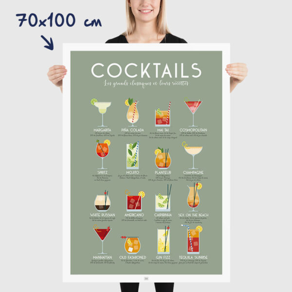 Affiche des cocktails : les meilleurs cocktails classiques et leurs recettes, dimensions 70x100cm