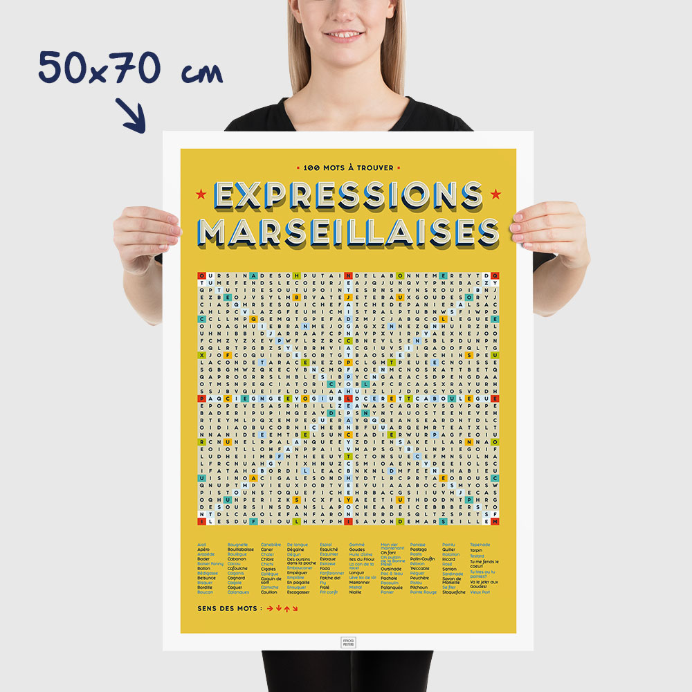 Affiche les expressions marseillaises en mots mêlés, affiche vintage marseille, dimensions 50x70cm